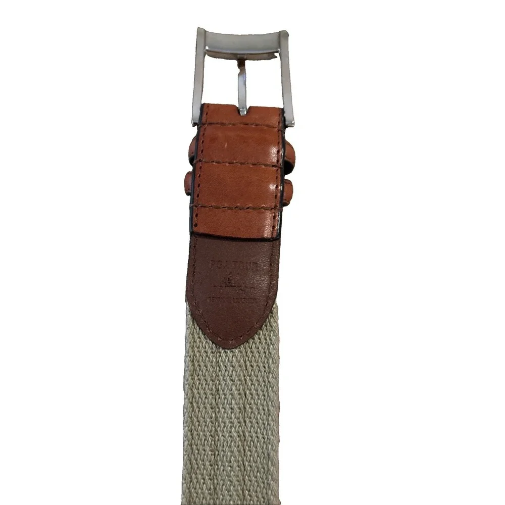 PGA Tour Tan Canvas Webbing Golf Belt Mens 34 Brown Leather Silver Buckle